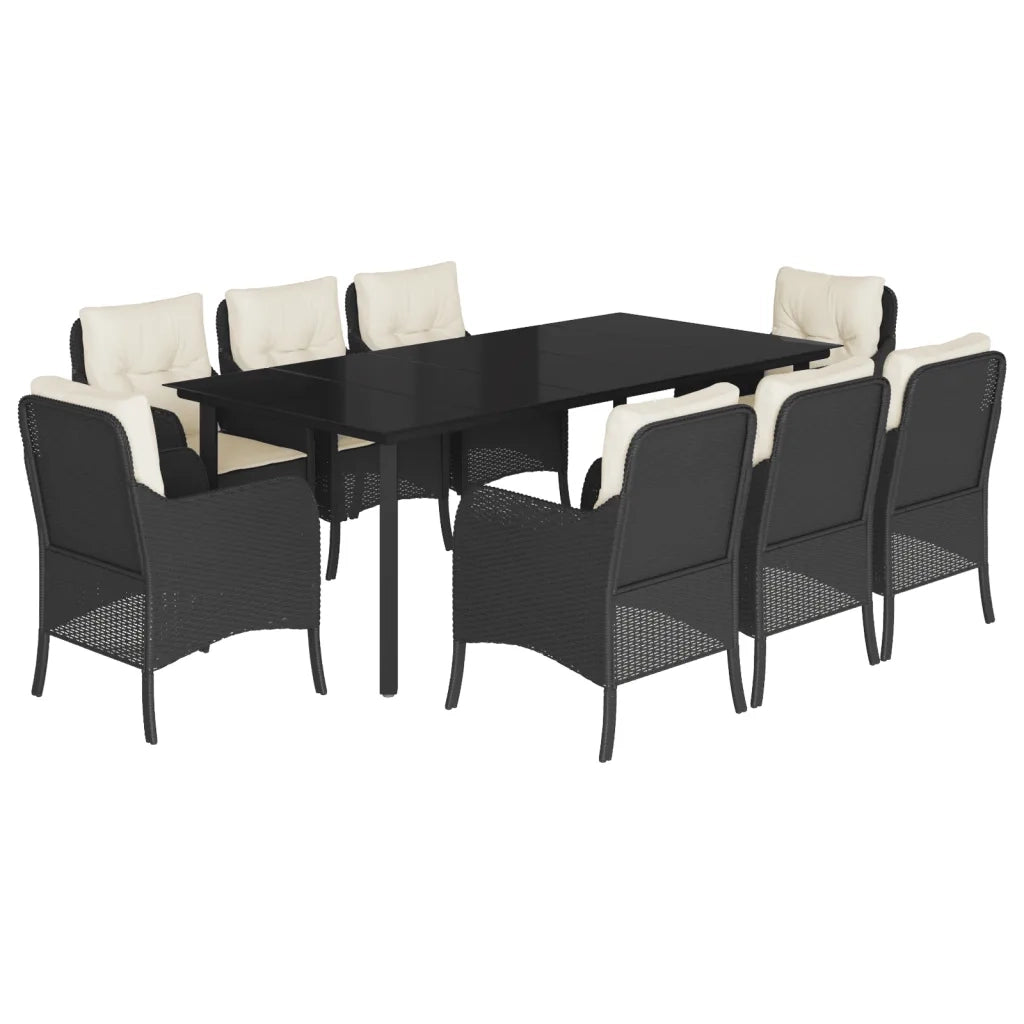 Set da Pranzo da Giardino 9 pz con Cuscini Nero in Polyrattan