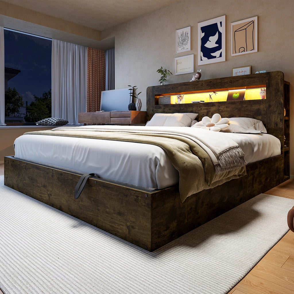 Letto Contenitore Letto Matrimoniale 180x200 cm; LED; Prese e Mensole in Legno