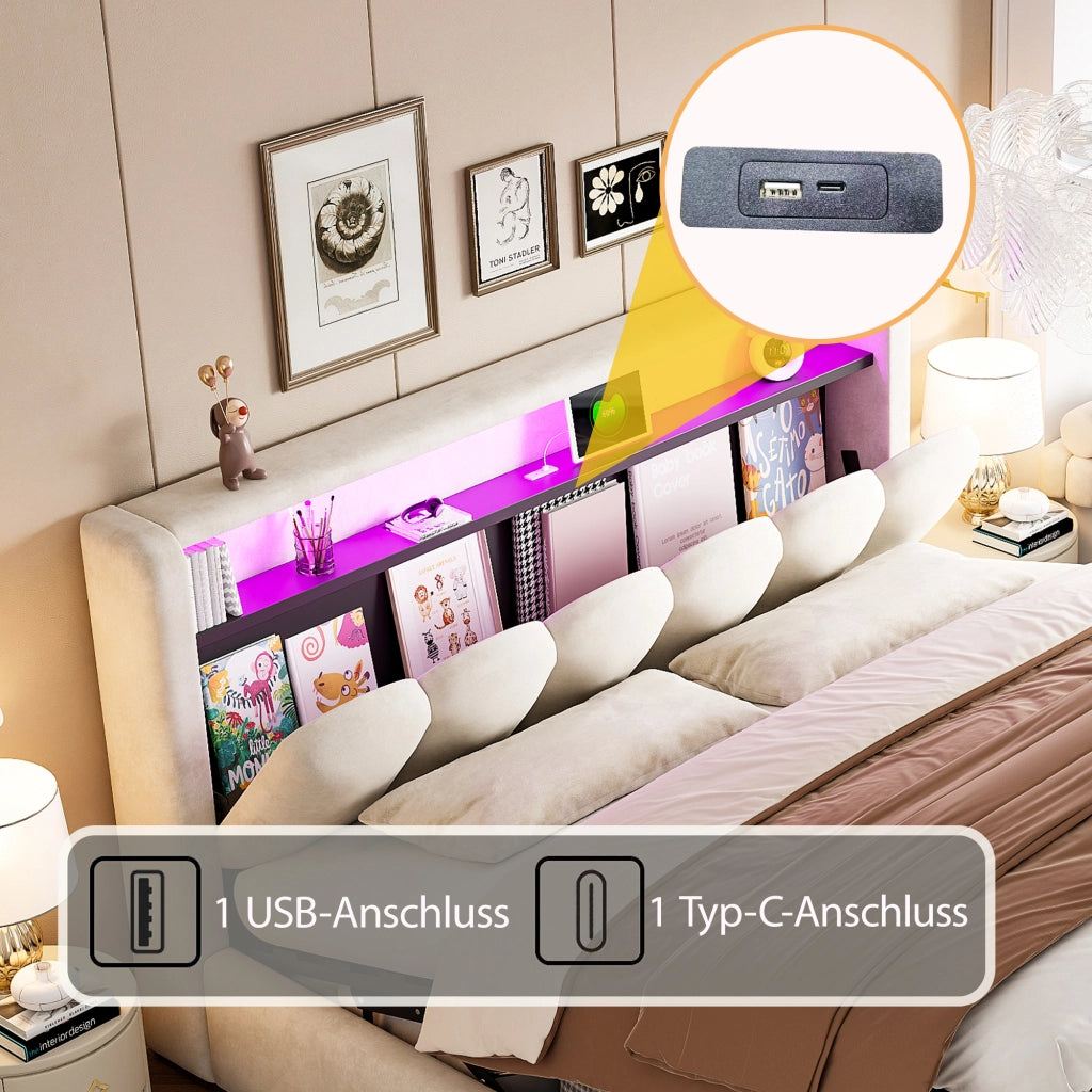 Letto Contenitore Matrimoniale 180x200 cm; USB; Type-C; LED; in Velluto - Beige