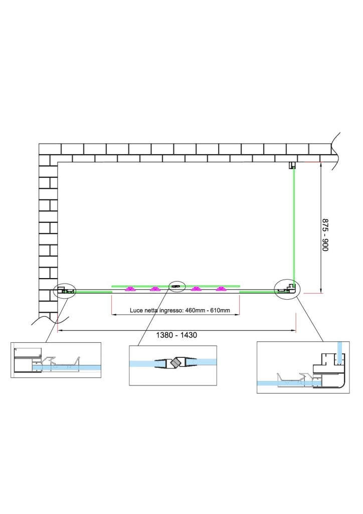 Box doccia 6 mm H 190 parete fissa e porta a 4 ante con apertura centrale MISURA 87,5-90 ANTA FISSA + PORTA 138-143