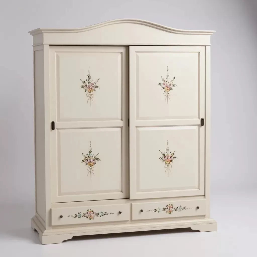 Armadio 2 ante scorrevoli legno shabby avorio decori 180x67x225 - Mobili 2G