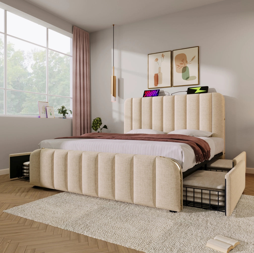 Letto 160x200 cm beige con materasso H3 e 4 cassetti