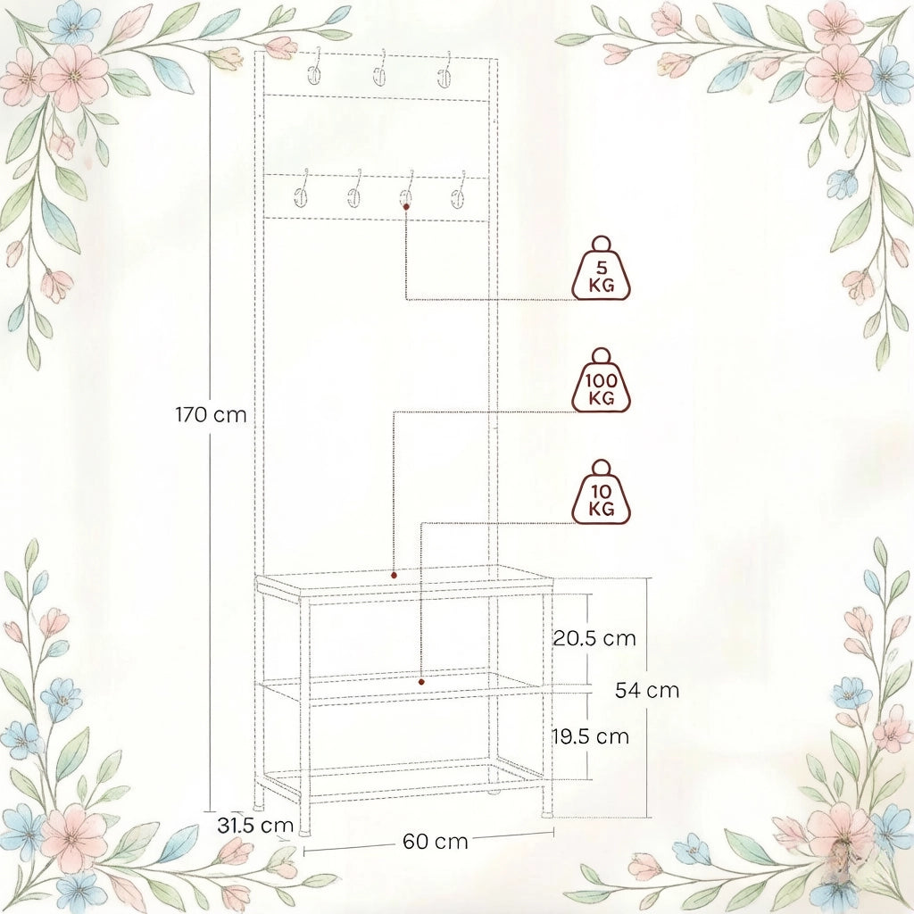 Appendiabiti da ingresso 3 in 1 con scarpiera, panca e 7 ganci, struttura in metallo e legno, bianco