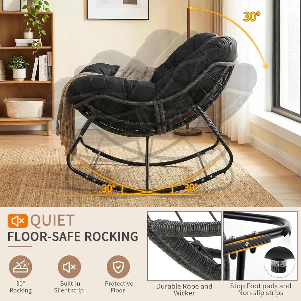Set di sedie a dondolo con sgabello in rattan, resistente alle intemperie, con spessa imbottitura rimovibile, portata di 150 kg, per giardino, balcone, soggiorno