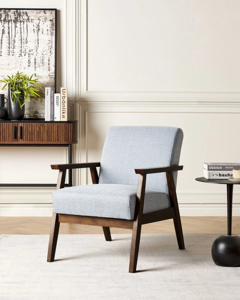 Poltrona grigio poliestere tappezzeria design retrò struttura in legno soggiorno