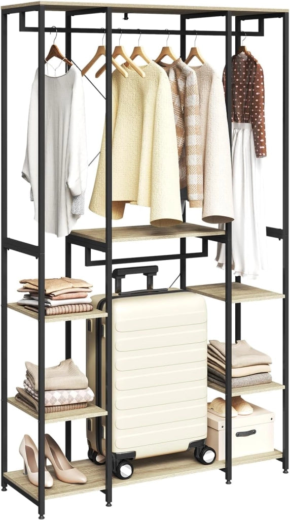 Stand Appendiabiti con Ripiani Attaccapanni Guardaroba Scaffale Porta Abiti in Legno Acciaio 120x40x201 cm
