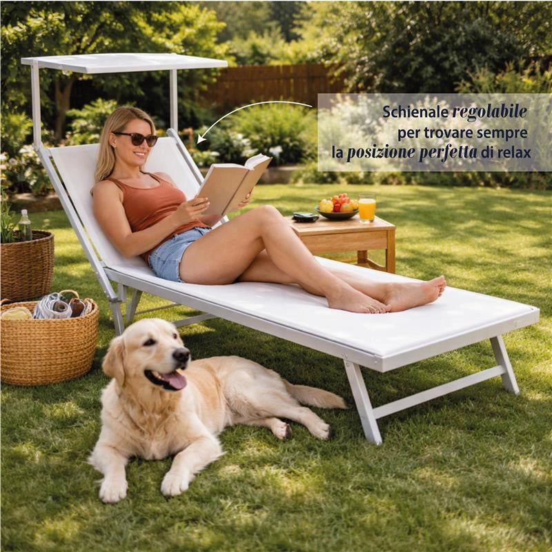 LETTINO RIMINI PRENDISOLE IN ALLUMINIIO CON PARASOLE PIEGHEVOLE 61X183/189X38H CM , COLORE BIANCO