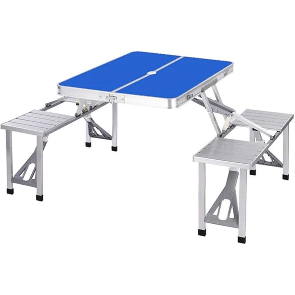 Trade Shop - Set Tavolo Pieghevole In Alluminio Pic Nic Campeggio Portatile Valigia Con Panca A 4 Posti - Blu