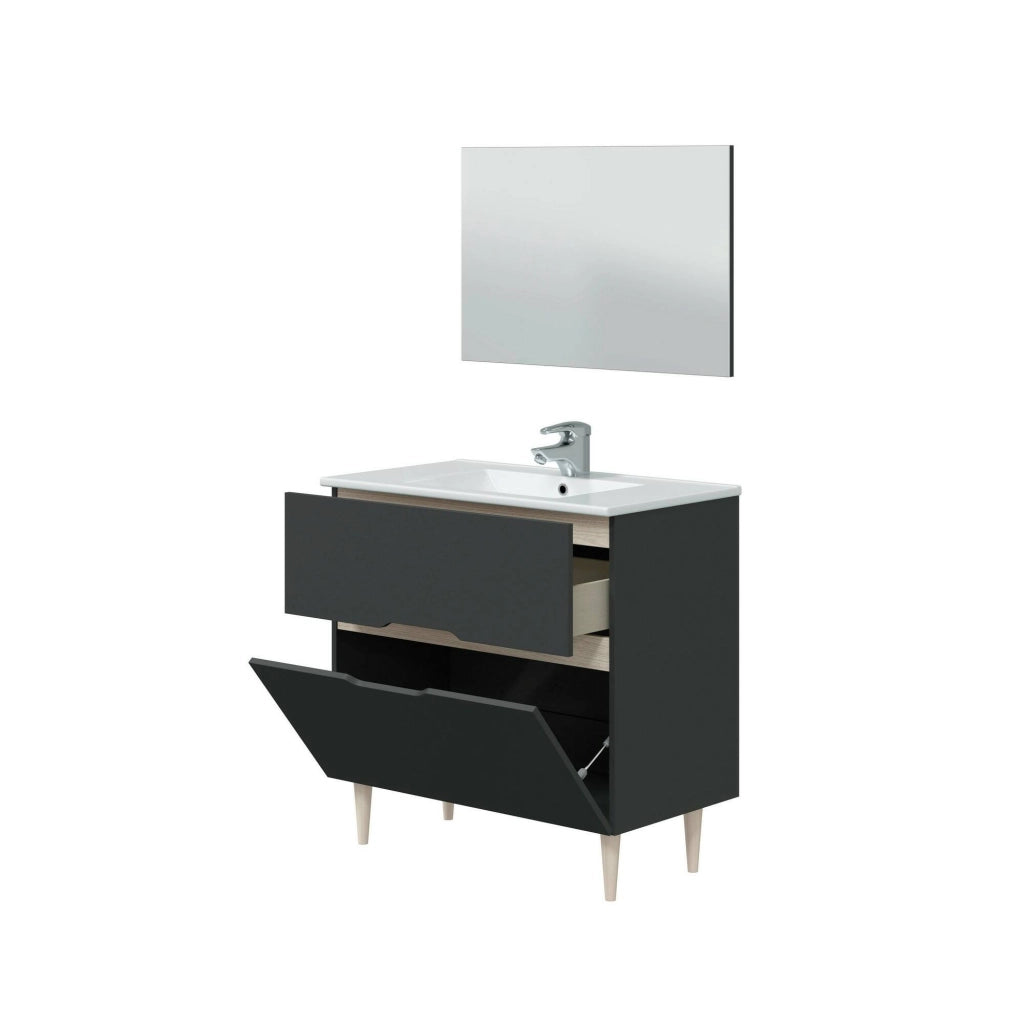 Mobile sottolavabo Avona, Sotto lavabo bagno, Mobiletto da bagno con specchio, Lavabo non incluso, 80x45h80 cm, Antracite e Rovere