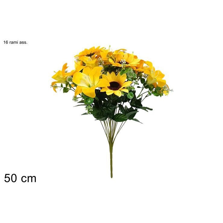MAZZO FIORI CON GIRASOLI E GIGLI 16 RAMI ALTO 50CM
