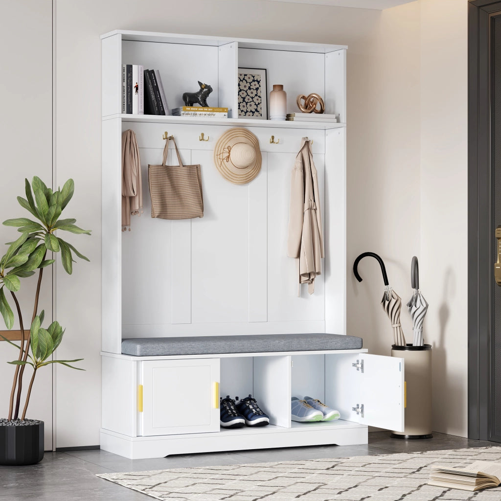 OKWISH Mobile da Ingresso con 6 Ganci, Panca Portascarpe e Ripiano Aperto, per Ingresso, Bianco, 120 x 40 x 191 cm