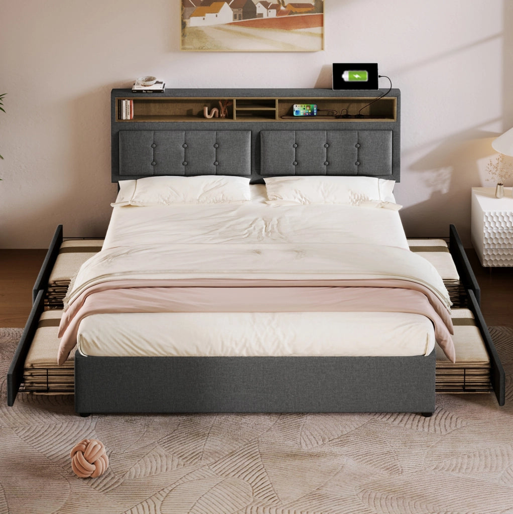 Letto matrimoniale imbottito 140x200 cm con materasso; 4 cassetti; testiera regolabile; grigio