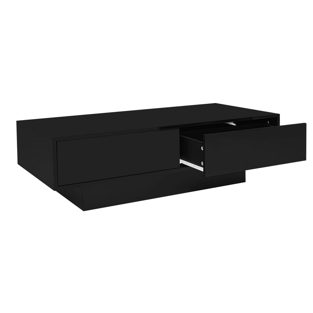 Tavolino da salotto nero lucido 115x55x34 cm con 2 cassetti e LED