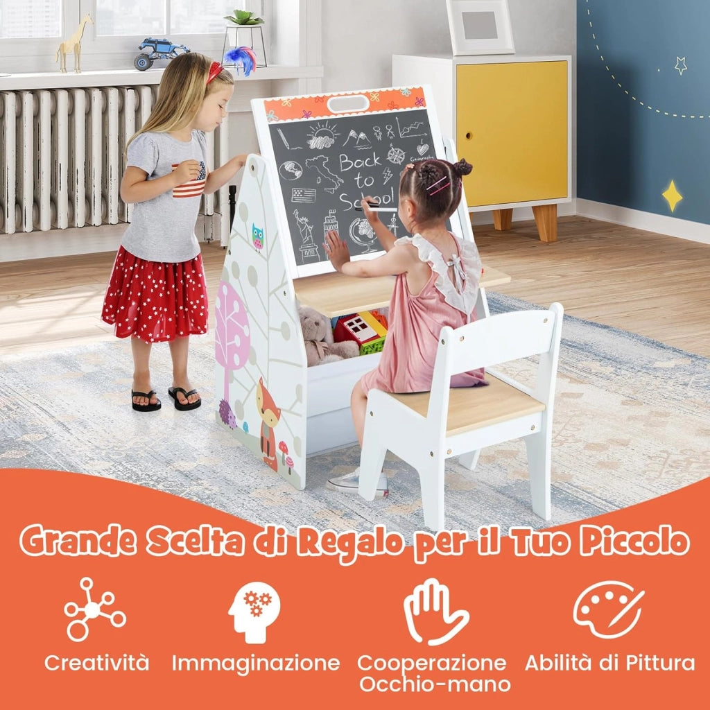 Cavalletto per Bambini Doppio Lato, Set Tavolo e Sedia per Bambini con Lavagna Magnetica e Lavagna Bianca, Contenitore in Tessuto e Libreria(Bianco)