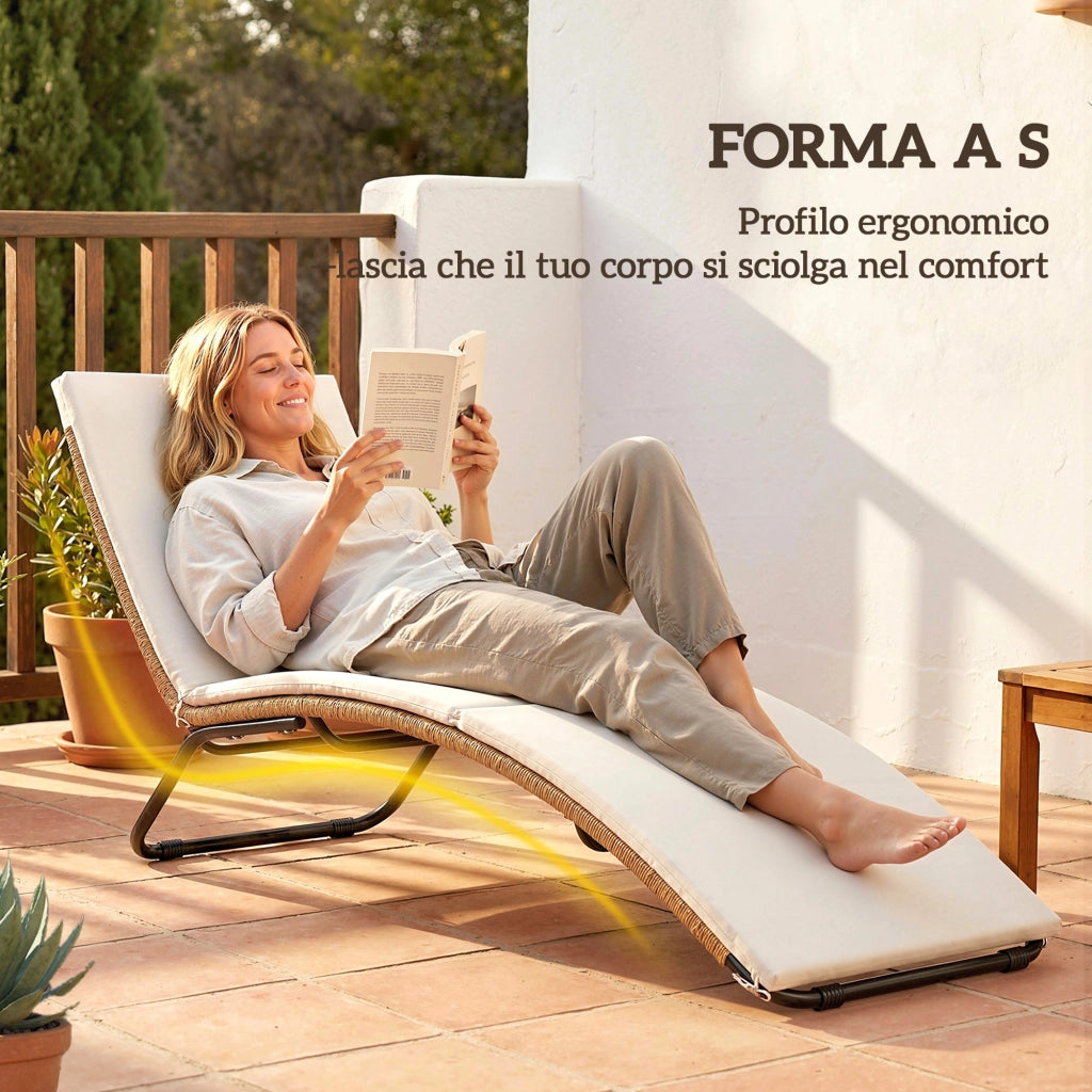 Lettino Sdraio a S da Esterno con Cuscino, in Rattan PE e Acciaio, 175x57x80 cm, Crema