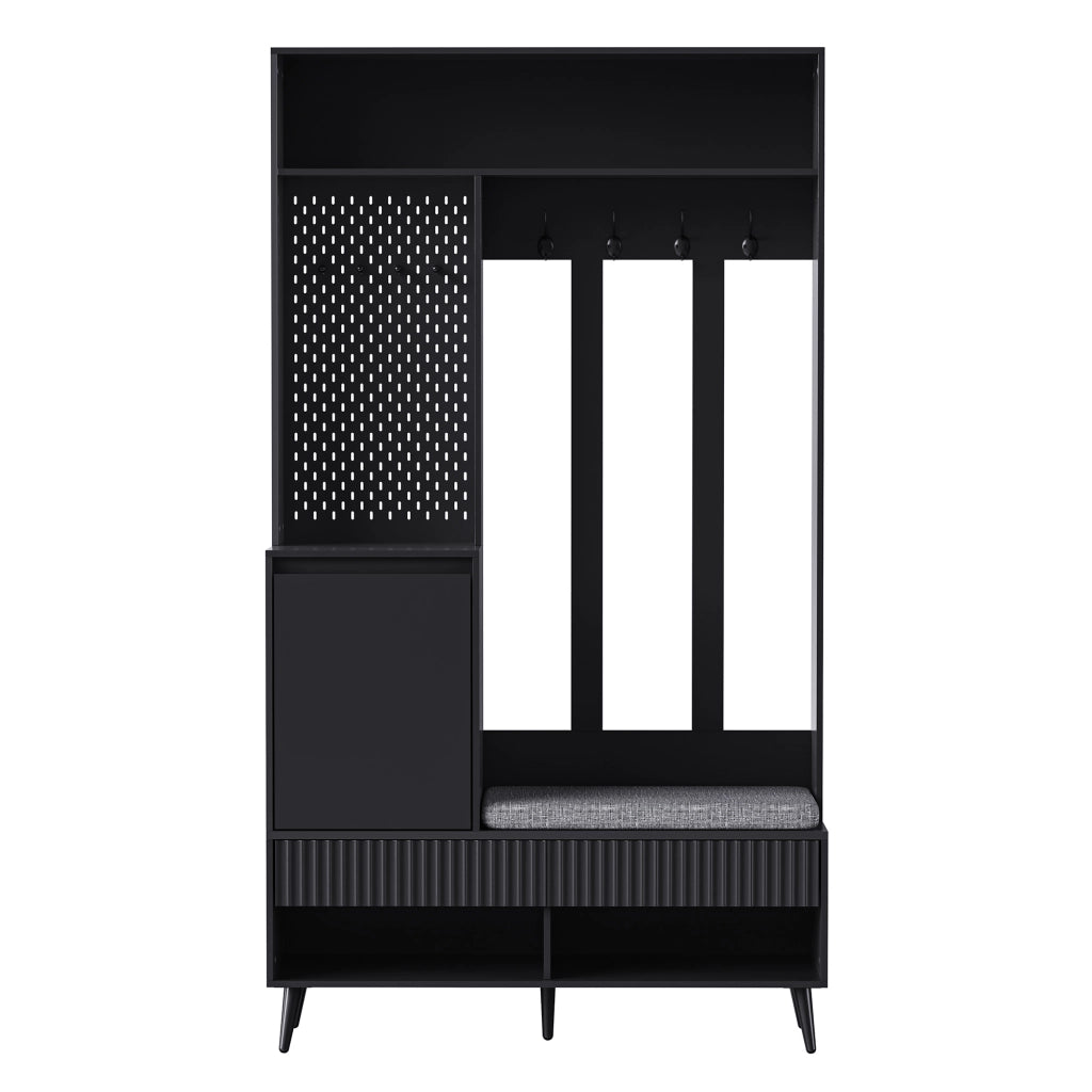 Set mobili da ingresso con panca, armadietto, ripiani, 2 cassetti e 4 ganci, MDF nero con cuscino