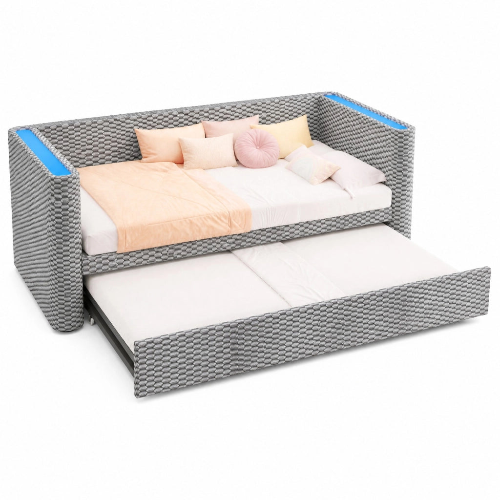 Letto estraibile multifunzione in velluto grigio con LED