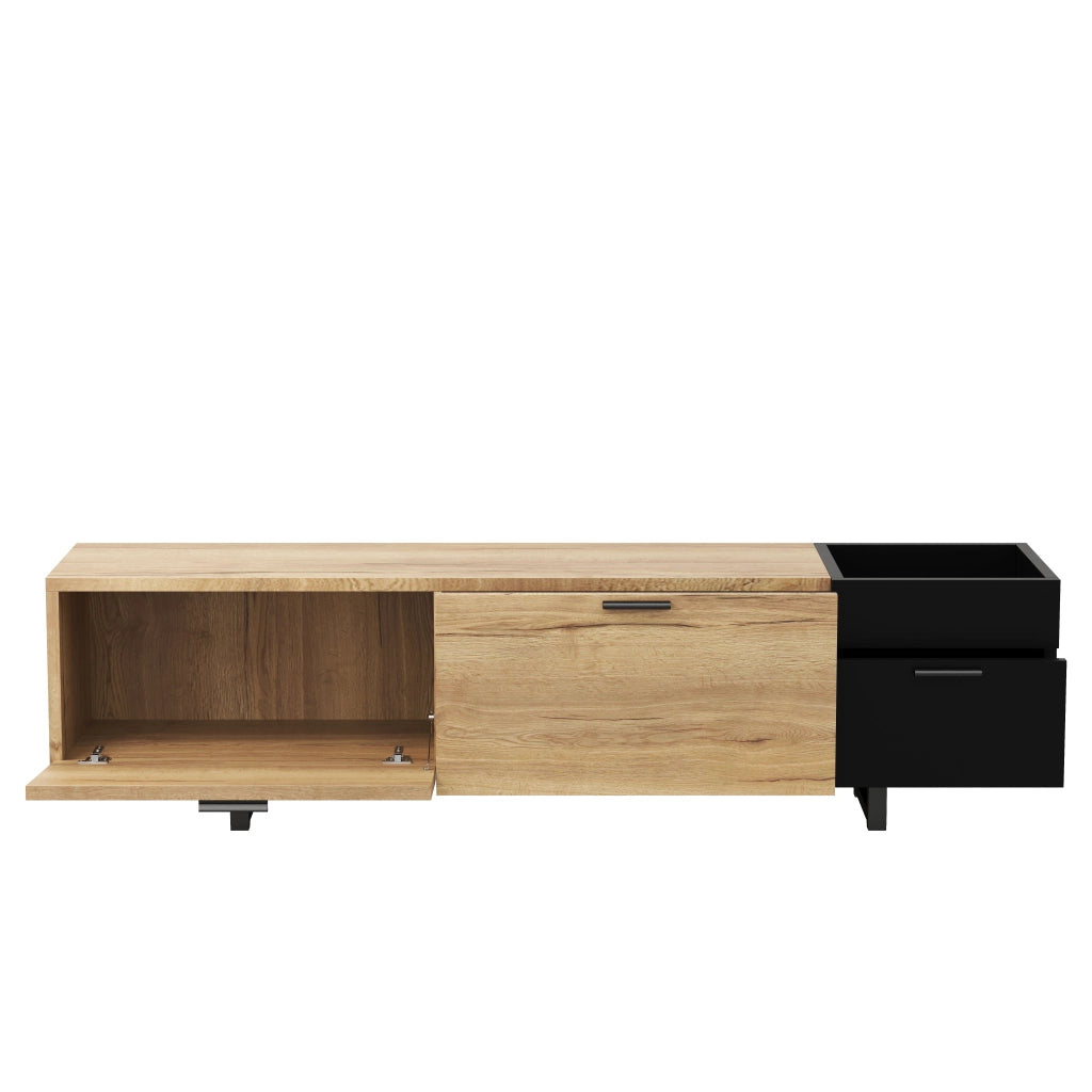 Mobile TV moderno in legno naturale e nero con ripiani aperti e cassetti, 180 cm