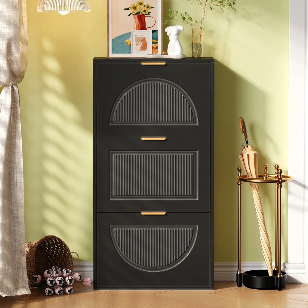 Scarpiera con 3 ante ribalta e dispositivo antiribaltamento per ingresso in MDF 60 × 24 × 114 cm Nero