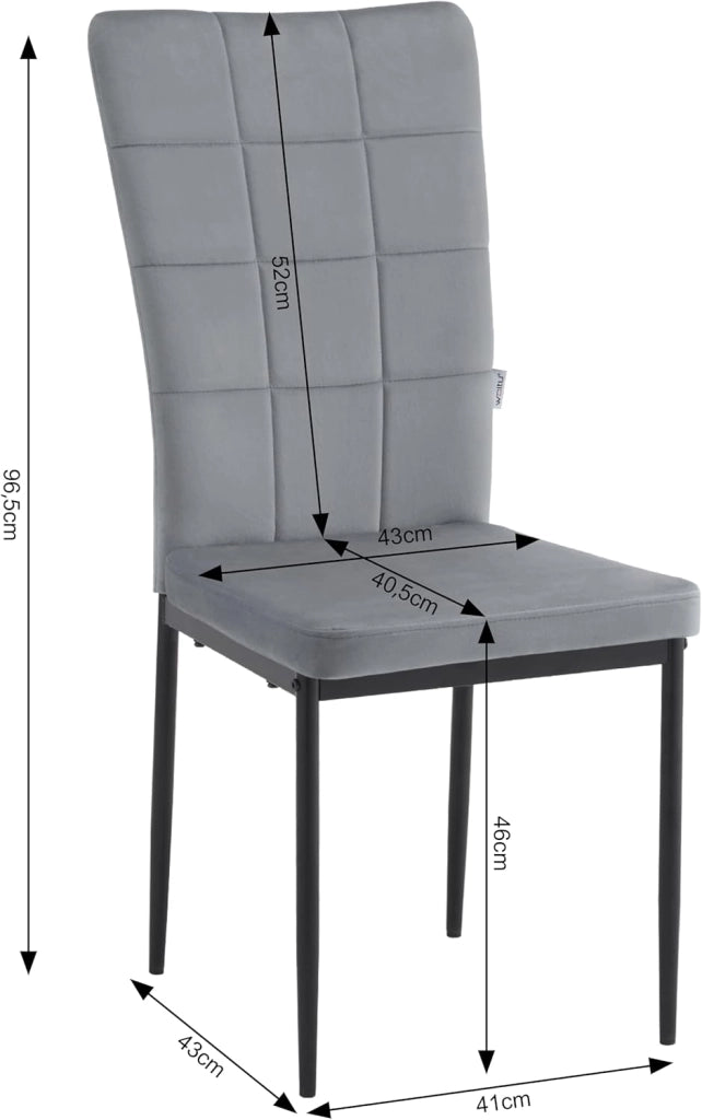 Set 4 Sedie da Pranzo con Schienale Alto, Sedia da Cucina con Motivi Quadrati, Sedia Imbottita per Soggiorno, Camera da Letto, Sedile in Velluto e Gambe in Metallo, Grigio Scuro, EZS22dgr-4