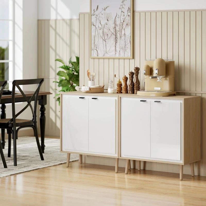 CREDENZA MODERNA A 2 ANTE CON RIPIANO REGOLABILE, 72X35X77 CM, BIANCO LUCIDO E ROVERE