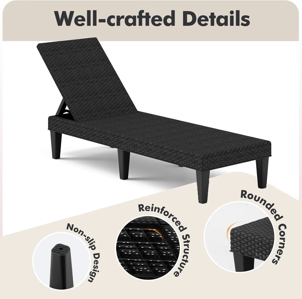 Lettino Prendisole con Schienale Reclinabile in 3 Livelli, Sedia a Sdraio da Spiaggia in Rattan PP, Lettino da Giardino per Esterno, Piscina, Max Portato 150 kg, Nero (Con Cuscino Grigio)