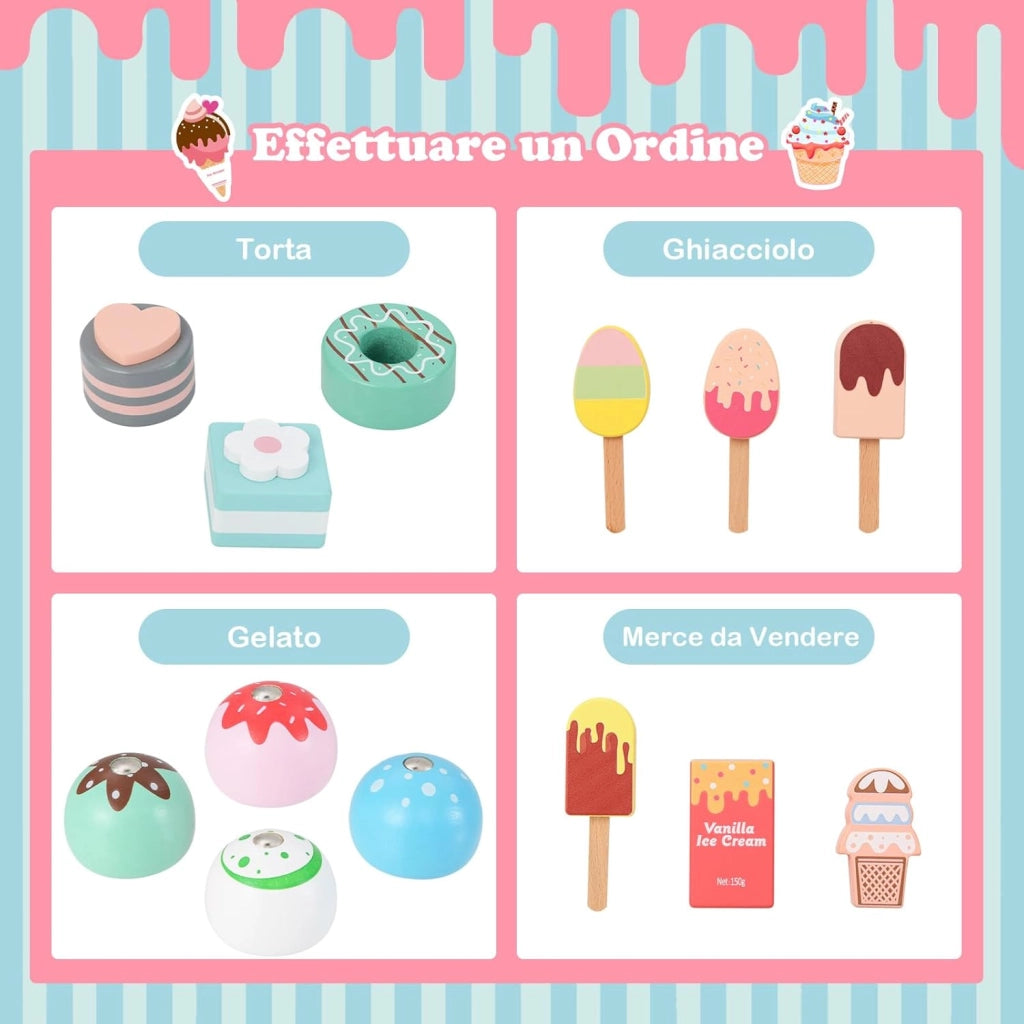 Gelateria Giocattolo per Bambini con Gelatiera, Carrelo dei Gelati in Legno con Ruote e Maniglia, Negozio di Gelati Giocattolo con Cassa e 15 Accessori, per Bambini di 3 + Anni (Rosa)