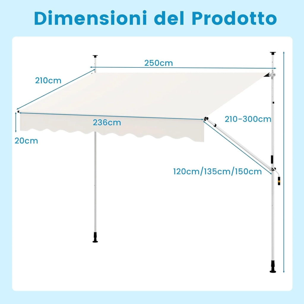 Tenda da Sole a Morsetto, Tenda per Balcone Senza Foratura Altezza e Inclinazione Regolabili con Manovella, Telo Impermeabile e Resistente ai Raggi Solari e Telaio Antiruggine (2,5M,Bianco)