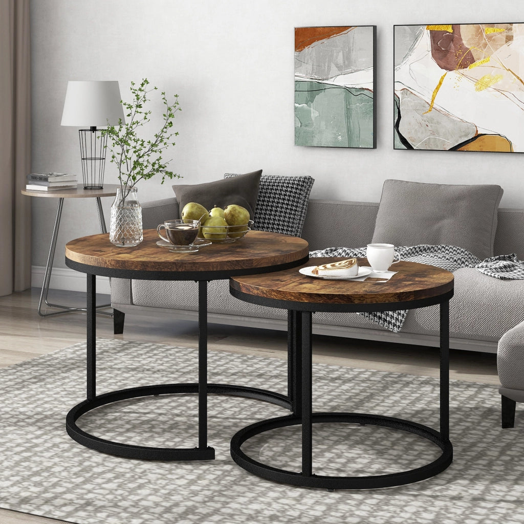 Set di 2 tavolini da caffè rotondi impilabili, colore legno/Brown, in MDF con struttura in metallo