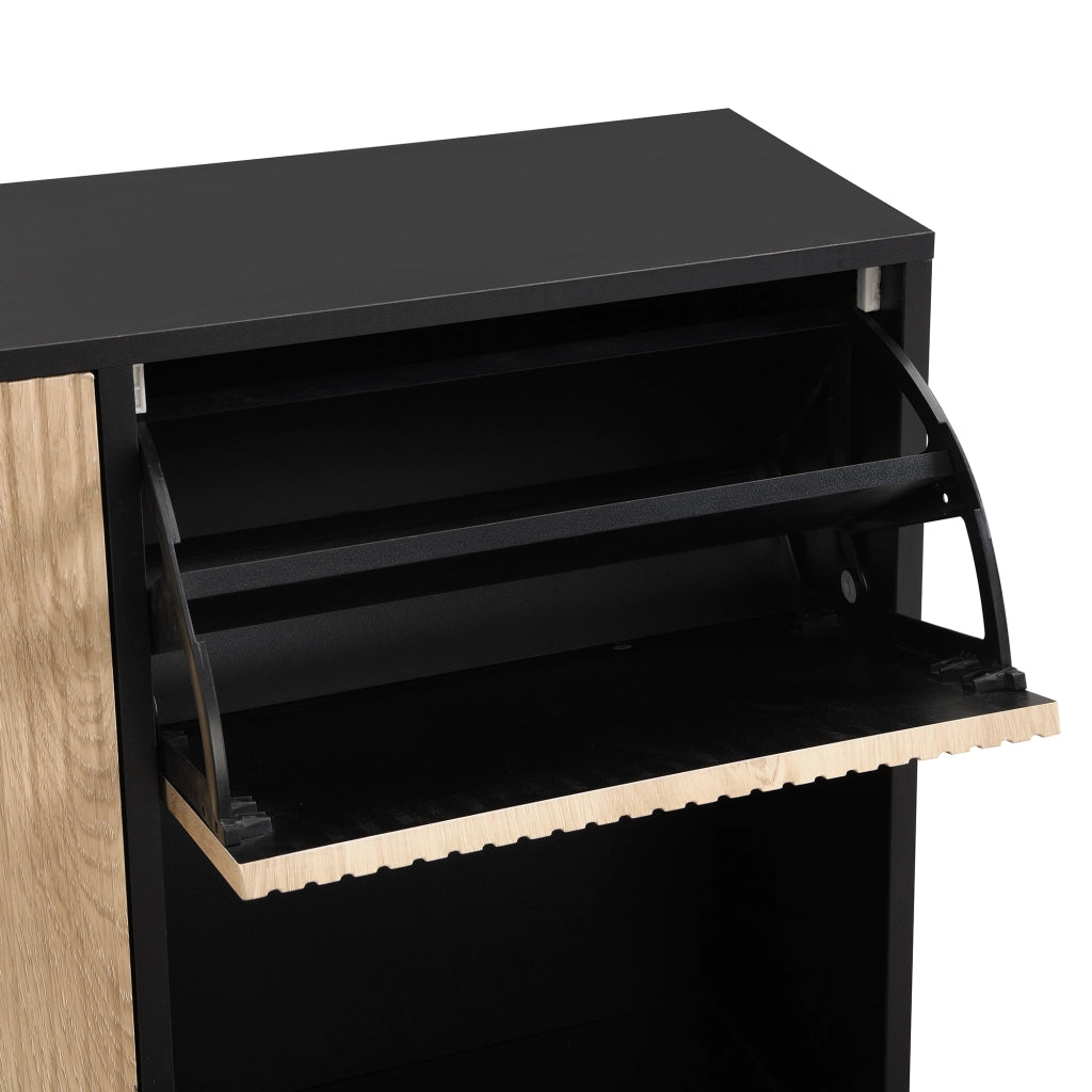 Scarpiera con panca estraibile e ripiani doppi in MDF, vano aperto, per ingresso, nero e naturale 100 × 100 × 25 cm