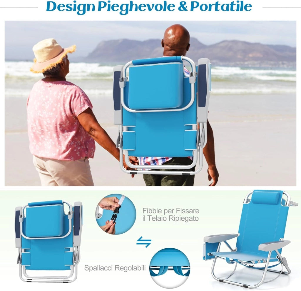 Sedia da Spiaggia, Sdraio Pieghevole a 5 Posizioni con Portabicchieri, Poltrona da Spiaggia con Cuscino per Testa e Zaino, Sedia da Campeggio Portatile, Portata 150 kg (Azzurro,1)