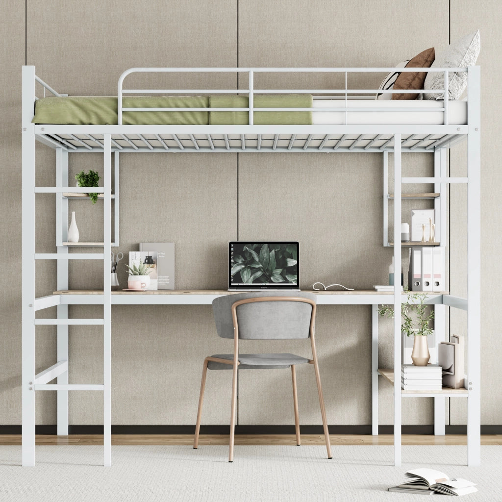 OKWISH Letto a Soppalco 140×200 cm, Letto Matrimoniale con Scrivania, 4 Mensole e Libreria, senza Materasso, in Metallo e MDF, Bianco