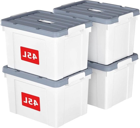 Scatola di archiviazione in plastica con coperchio, maniglia e chiusura a molla - 4 pezzi da 45L - Stivabile e nidificabile - Per uso domestico e ufficio