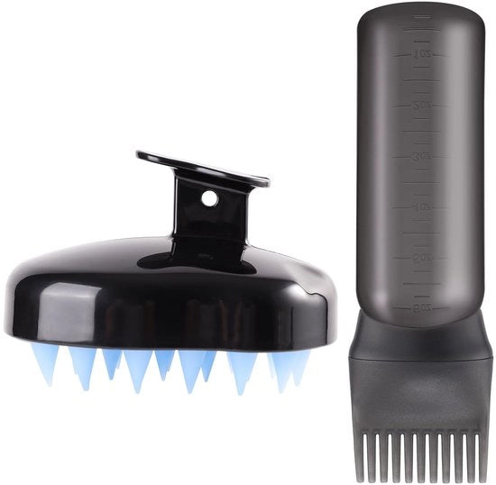 Applicatore di olio capillare con spazzola a massaaggio - flacone applicatore - set di raccordo con scala - plastico - nero - 9,5 x 6,7 cm - strumento per capelli