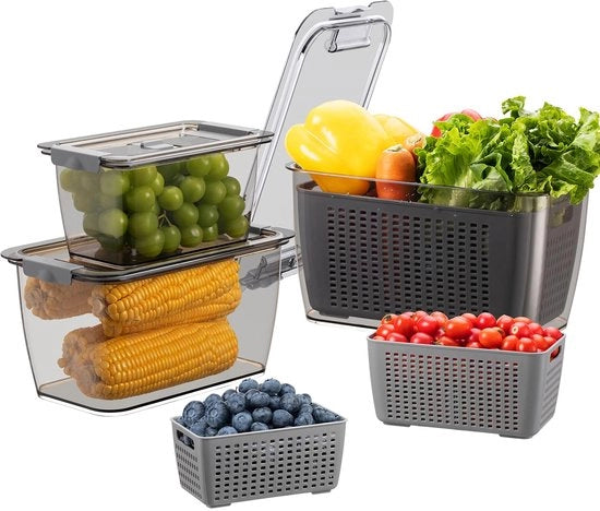 Set di contenitori per frutta e verdura 3 pezzi con coperchi e versatili, 4L + 1,7L + 0,5L contenitori BPA liberi, organizzatore per frigorifero, contenitore per insalata e frutta, non lavabile in lavastoviglie, grigio