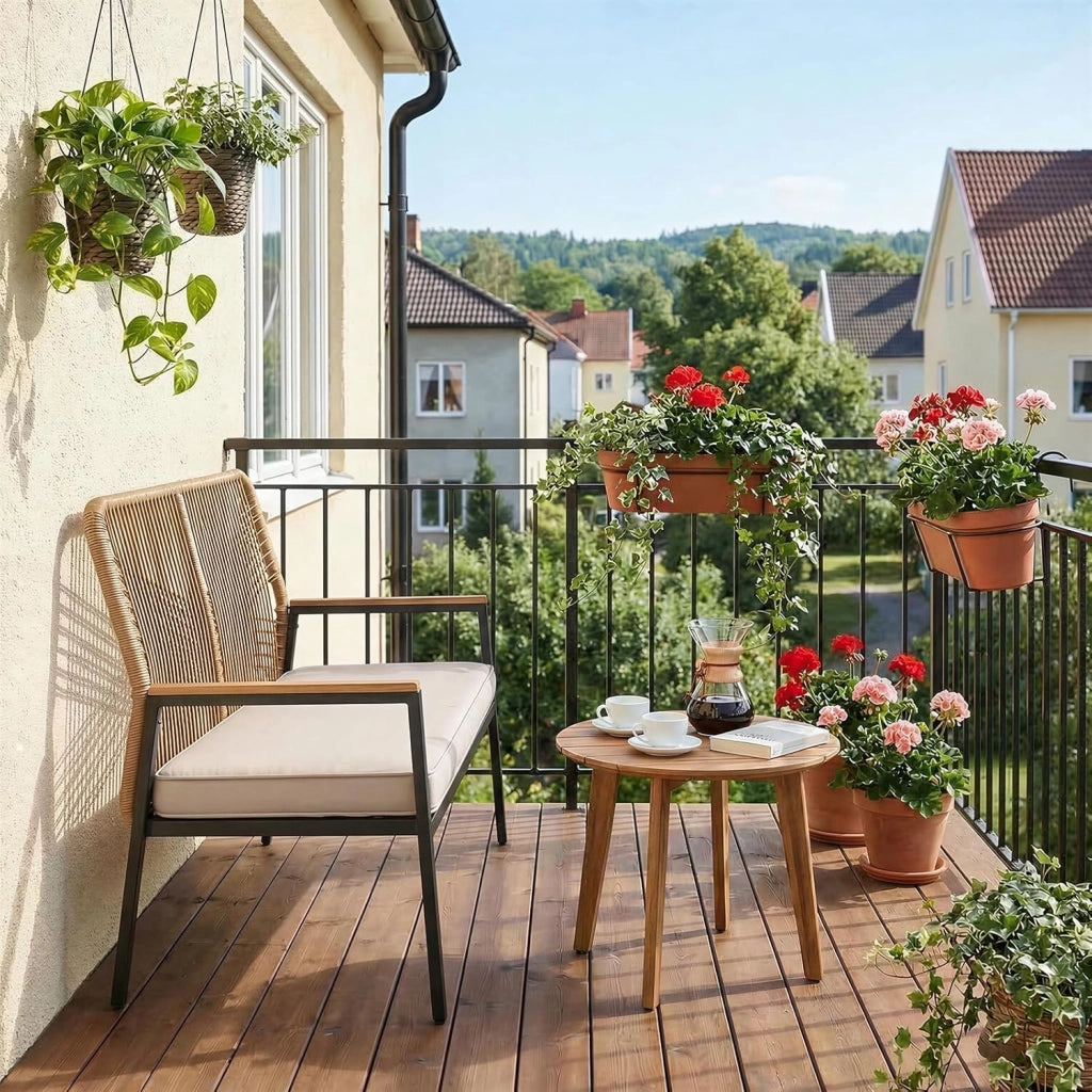 Panchina da giardino in rattan, sedia da giardino a 2 posti in polyrattan, panchina da esterno, resistente alle intemperie, braccioli in WPC, per terrazza, giardino e veranda, beige