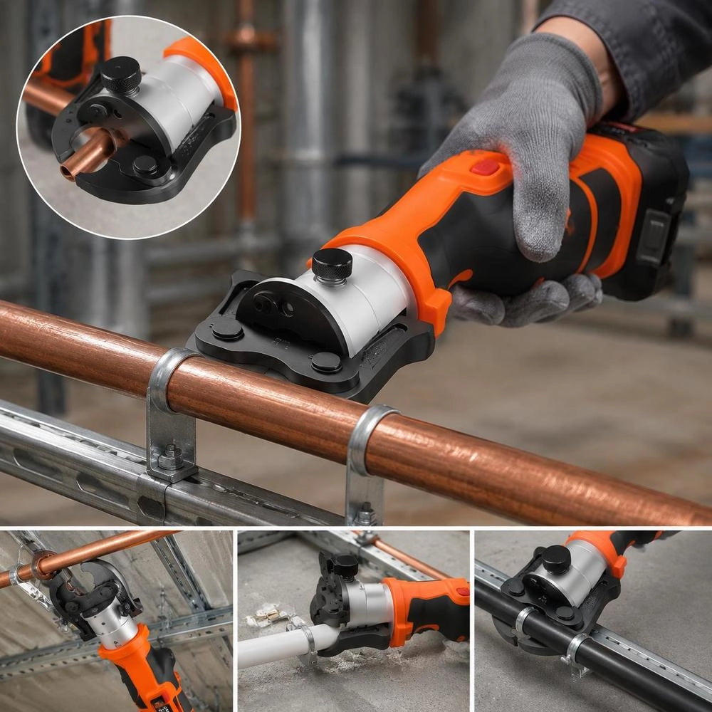 Pinza Crimpatrice Elettrica Idraulica Da 18 V Con Ganasce V15, V22, V28 Per Tubi In Acciaio Inox, Forza 32 KN Con 2 Batterie Da 4 Ah, Testa Rotante, Caricabatteria E Valigetta Per Trasporto