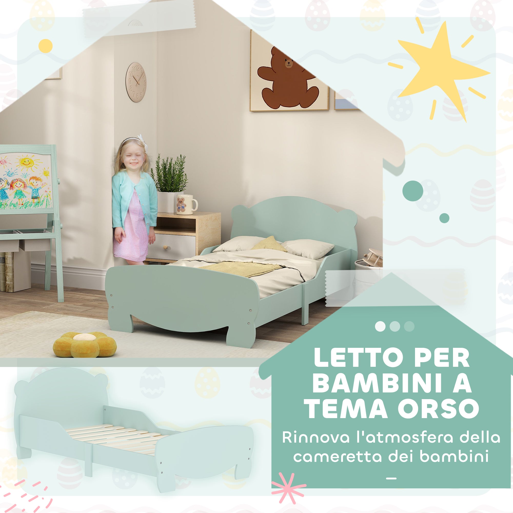 Struttura Letto Singolo per Bambini Orso 143,5x80x55 cm con Sponde Laterali in Legno Verde