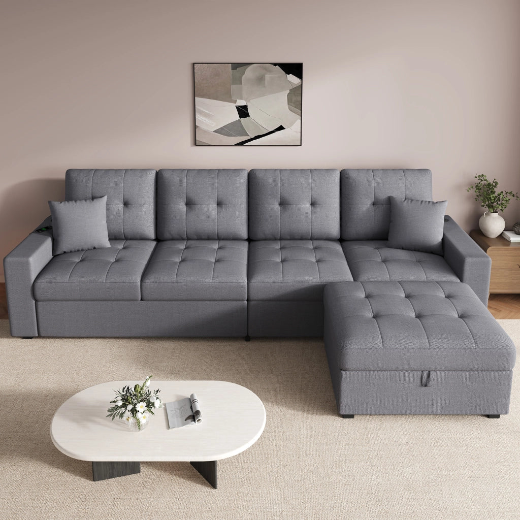 DIVANO ANGOLARE L 4 POSTI 253 cm Grigio Antico in Lino con pouf posizionabile