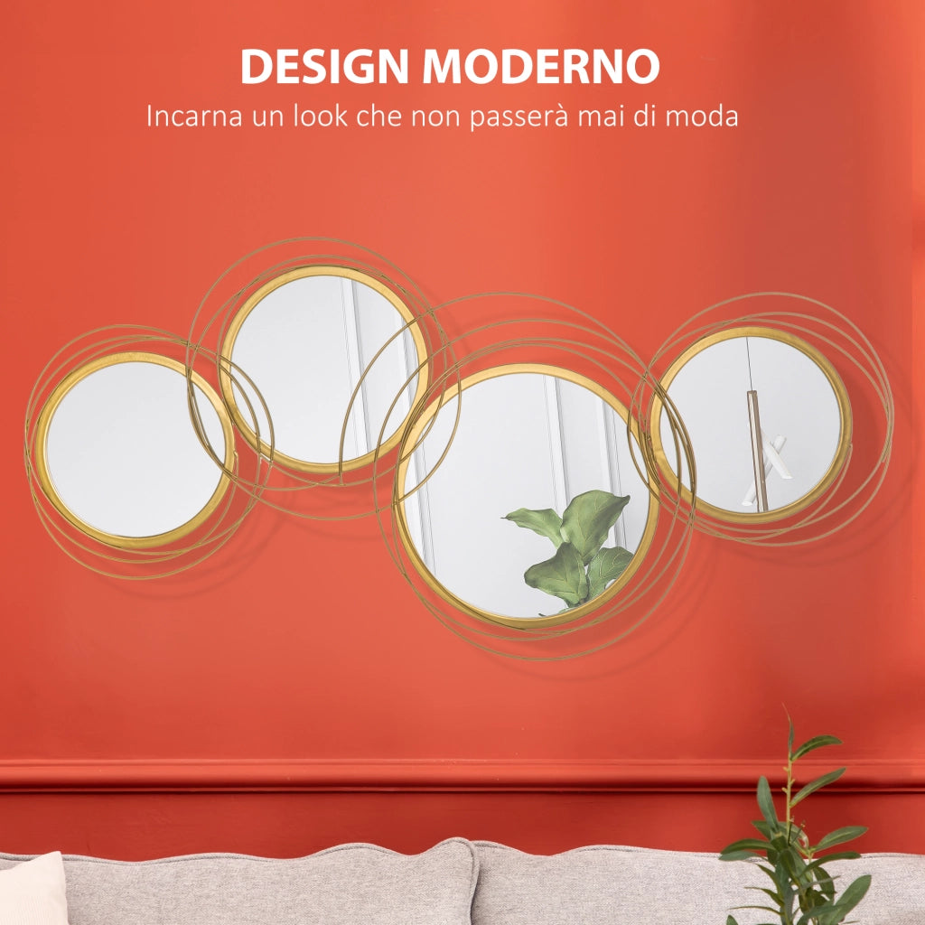 EasyComfort Decorazione Murale 3D in Metallo, Wall Art a Cerchi con Specchi 107x56cm, Oro
