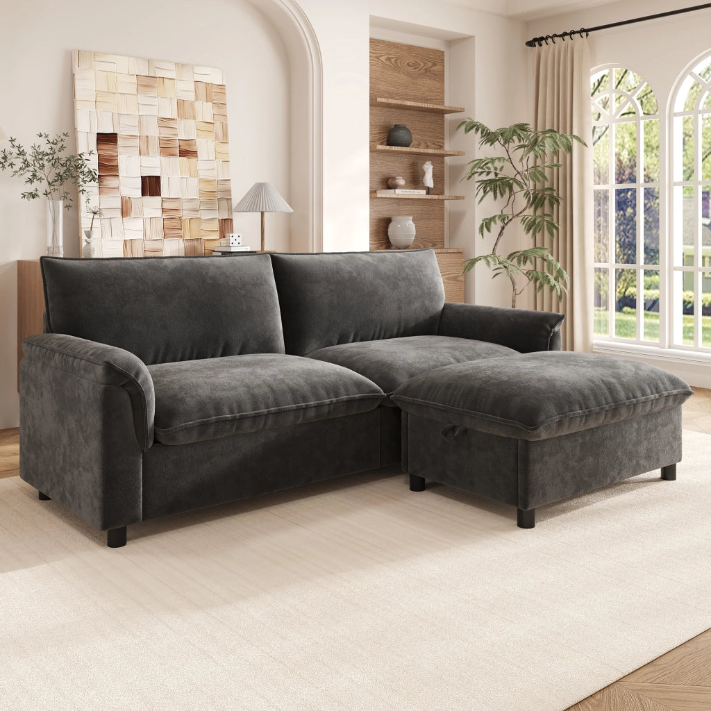 Divano modulare in ciniglia grigio con pouf contenitore 216 cm