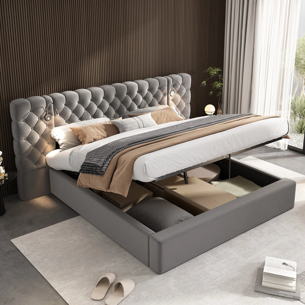 Letto matrimoniale 180x200 cm in velluto grigio con luce da lettura e contenitore idraulico