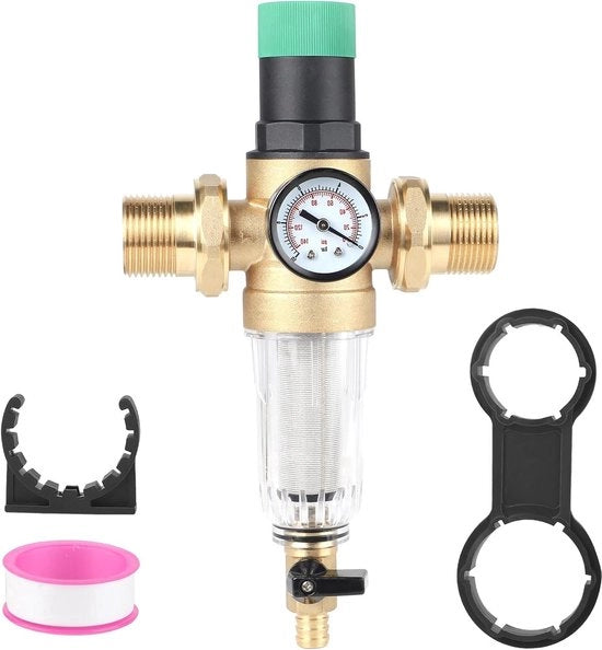 Regolatore di pressione con manometro e filtro mare - 1 pollice DN32 - ottone - regolabile - acqua potabile