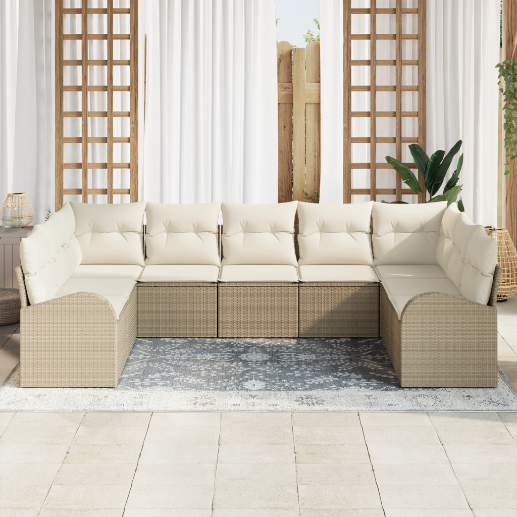 Set di Divani da Giardino 9 Pezzi con Cuscini Beige Polyrattan