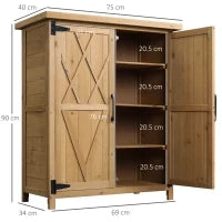 Armadio da Giardino Porta Attrezzi in Legno con 2 Ante e 4 Scaffali, Piano in Lamiera, 75x40x90 cm
