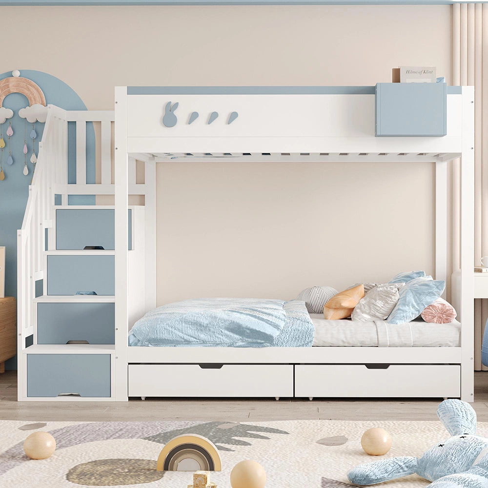 Letto a castello-Xylo-90x200cm, motivo conigli, cassetti, bianco+blu