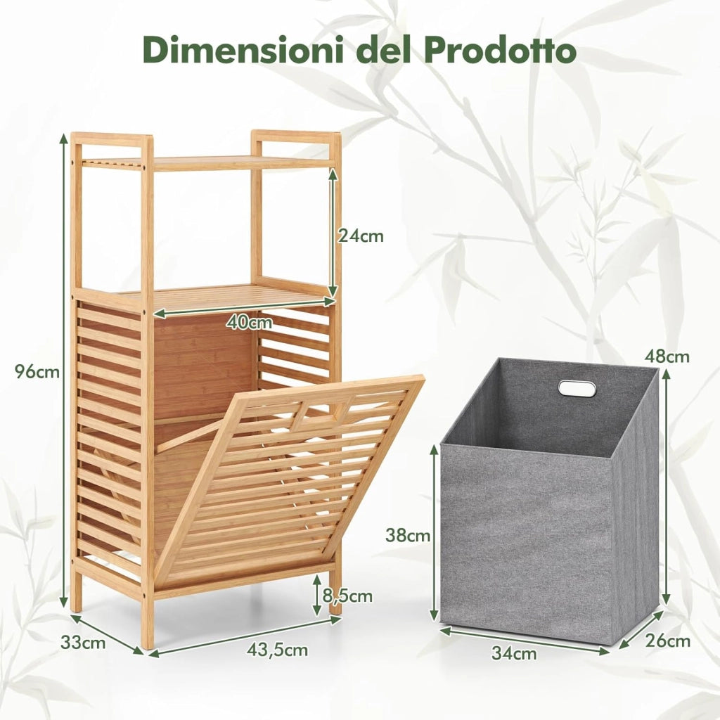 Mobiletto con Portabiancheria a 2 Ripiani da Bagno a Ribalta, Cesto per Bucato in Bambù da 43L, Cesto per Lavanderia Sporca in Tessuto Pieghevole, 43,5 x 33 x 96 cm, Naturale