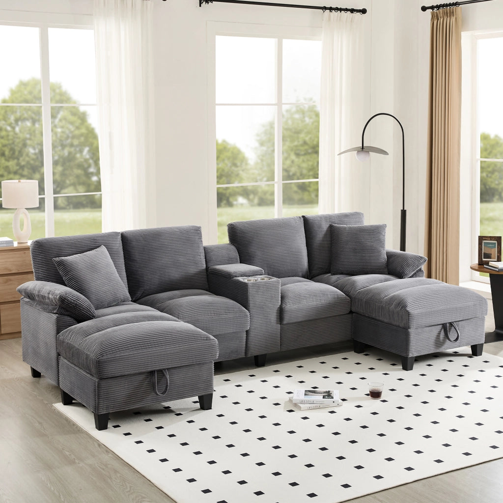 DIVANO U 293x142x93 cm grigio in velluto a coste 4-5 posti