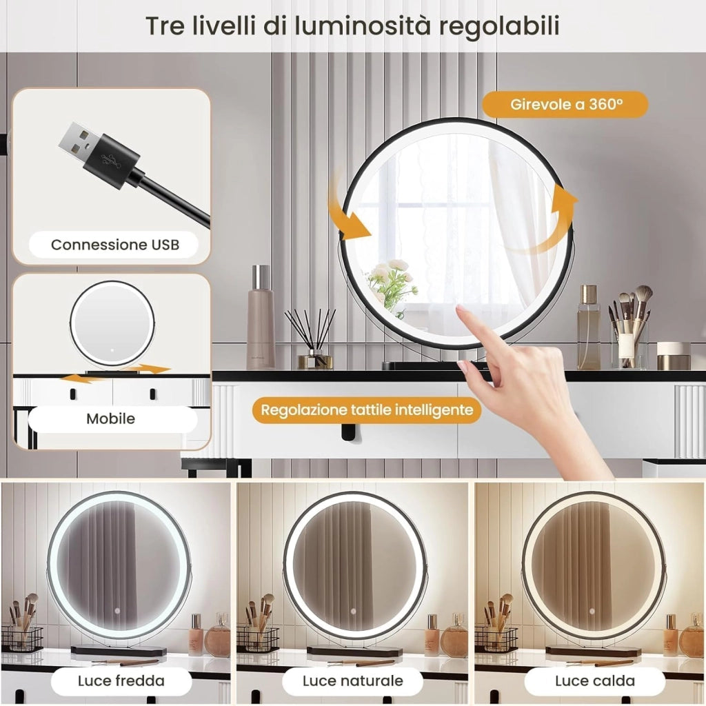 Toeletta da Trucco con Luci, Tocador de Maquillaje, Tavolo da Trucco con 5 Cassetti in Legno Massiccio, Montaggio Flessibile, 100x40x125 cm, Moderno, Bianco+Nero