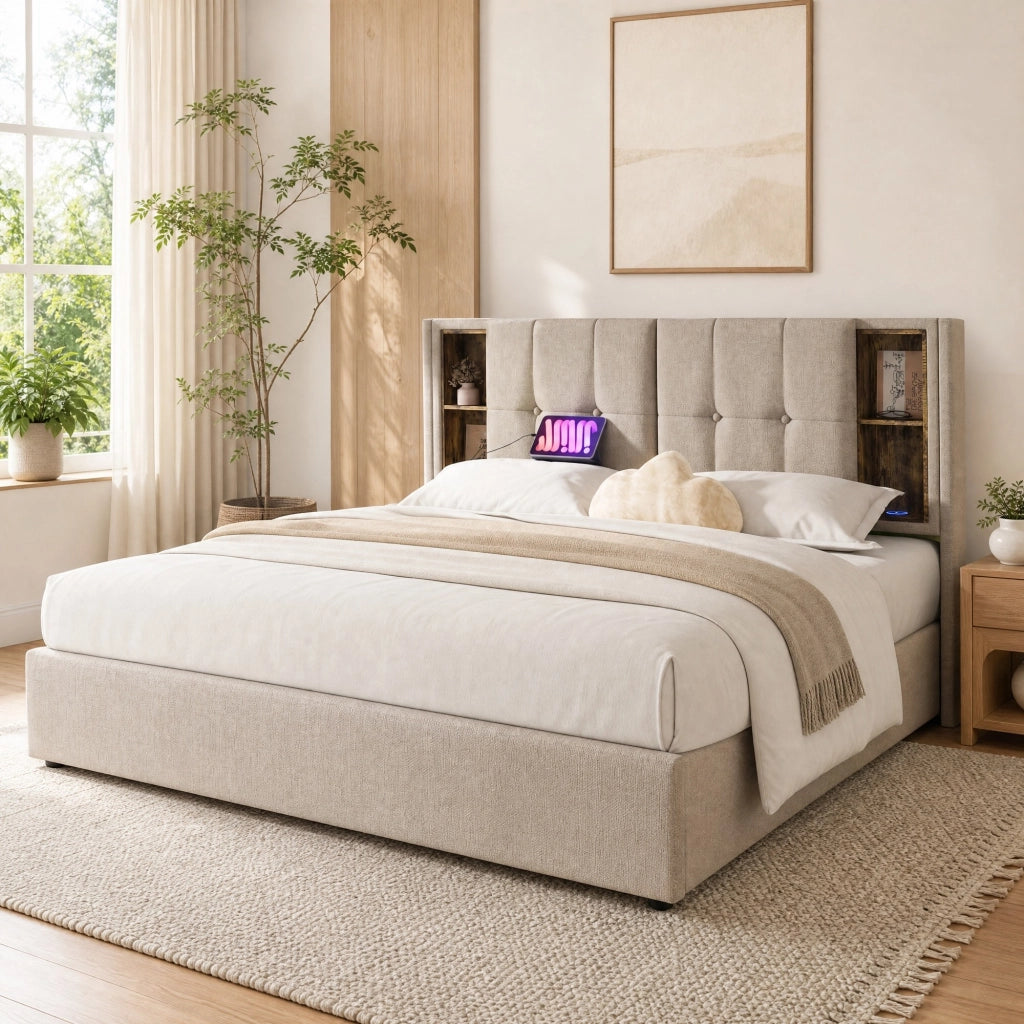 LETTO Contenitore 160x200 cm Lino Naturale con ricarica wireless USB-C